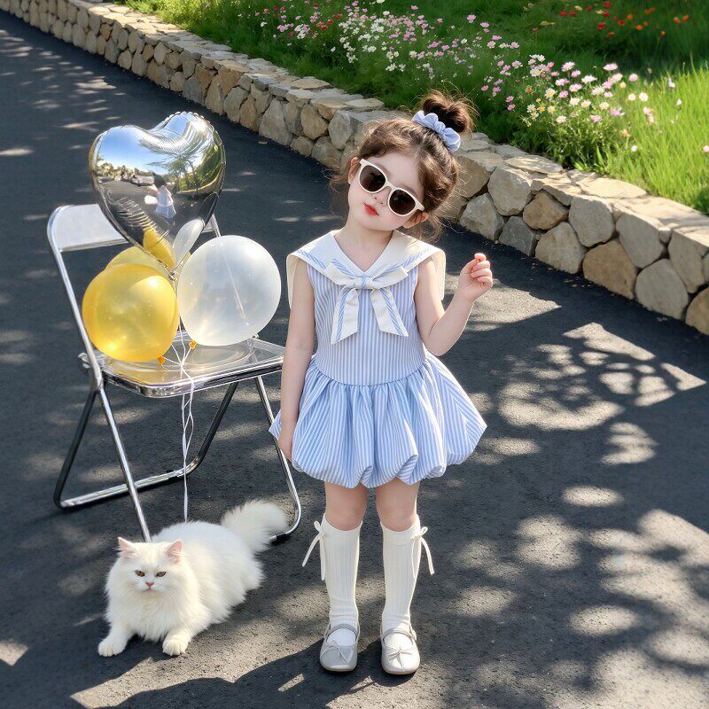 Girls' French-Style Navy Collar Blue Striped Dress Summer Bowknot Flower Bud Skirt Preppy Style Princess Dress