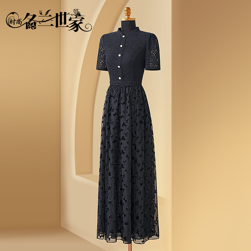 Fashionable Minglan Shijia Elegant Dignified Short-Sleeved Dress Haute Couture Dress Little Black Dress Long Skirt