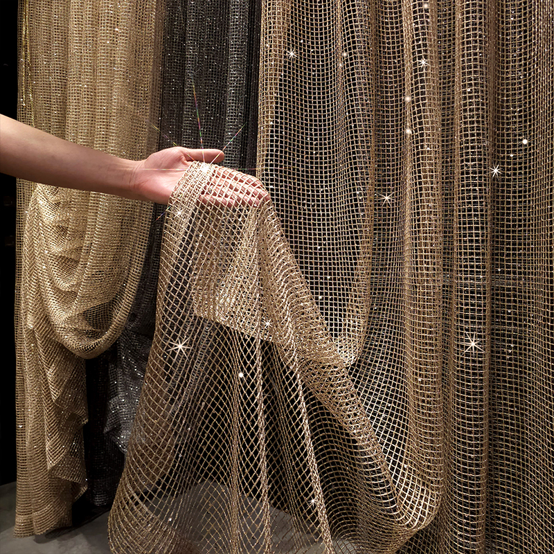 Modern Light Luxury Mid-Century Style Gauze Curtains with a Golden High-End Feel, Window Screens for the Living Room, Sequined Imported Turkish Mesh Curtains