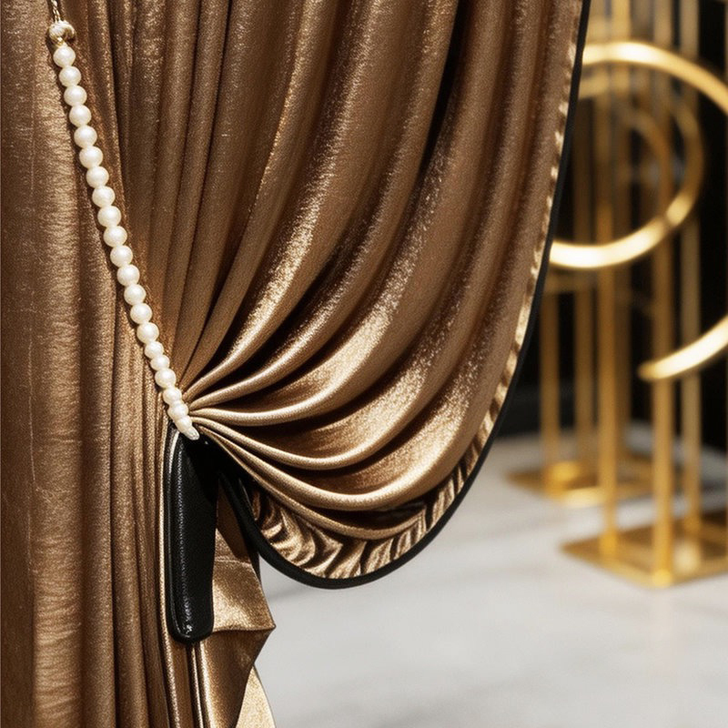 Modern Imported Silk Satin Light Luxury Coffee-Colored High-Precision Bedroom High-End Living Room Curtains French European Style Villa