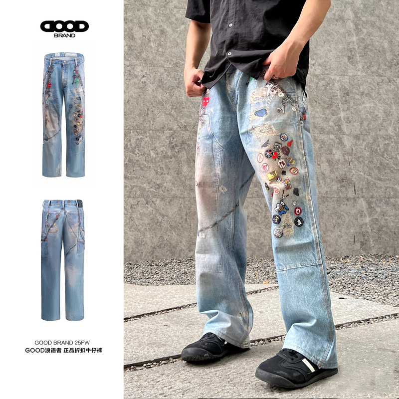 【Authentic Product 70% off】Goodbrand Wanderer Badge Print Jeans Summer Unisex Trendy Straight-Leg Pants