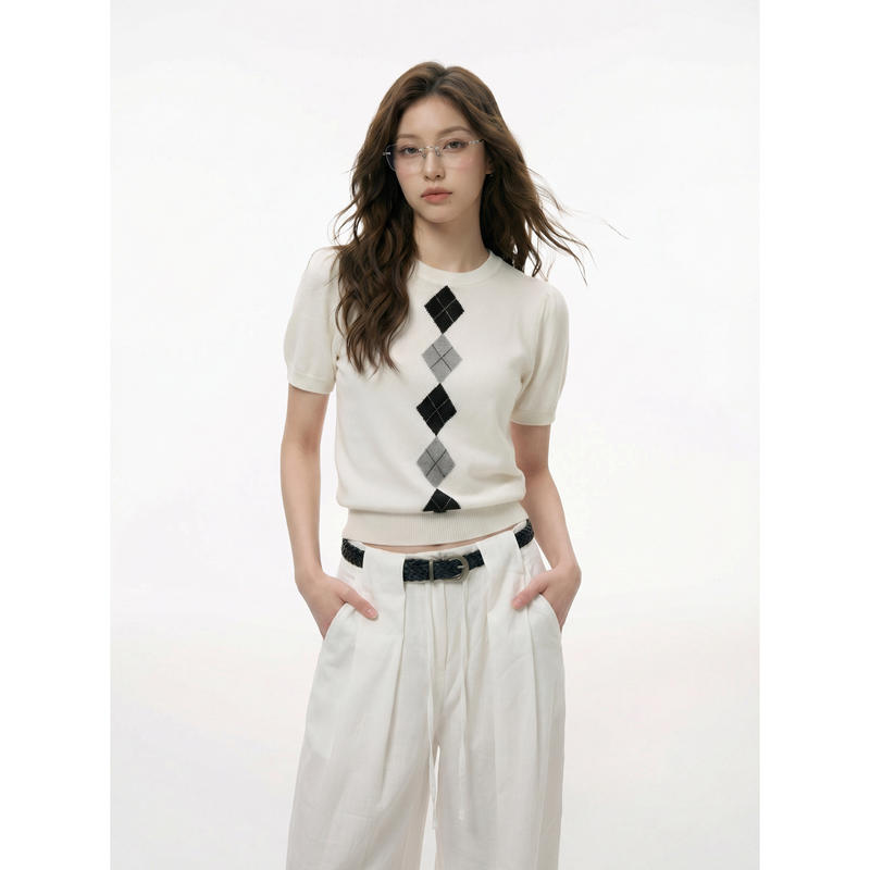 [All Sisters' Wardrobe] Symocolor Diamond-Patterned Short-Sleeved Top