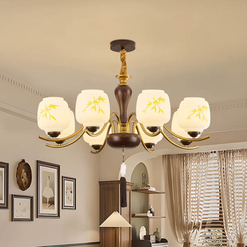 New Chinese-Style Living Room Chandelier with Bamboo Glass Lampshade, Vintage and Modern Minimalist Lighting Fixture New Chinese-Style Living Room Chandelier with Bamboo Glass Lampshade, Vintage and Modern Minimalist Lighting Fixture