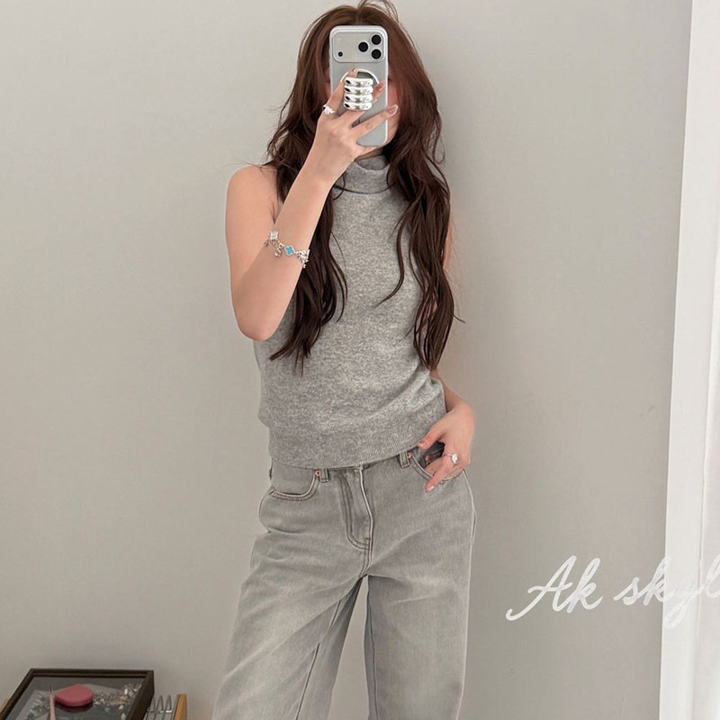 Ak Skylan Autumn Korean Style High-Neck Knitted Vest Versatile Solid Color Turtleneck Sleeveless Top 50019