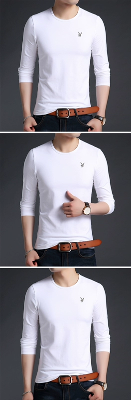 Áo thun nam tay dài Playboy cổ tròn cotton nam cộng với nhung dày mỏng Quần áo mùa thu mỏng màu rắn đáy áo mua áo thun nam