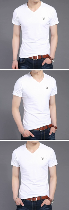 Áo thun Playboy nam ngắn tay cotton cổ chữ V Slim trung tính gà cổ áo sửa chữa áo sơ mi body rắn màu V cổ nam áo tommy