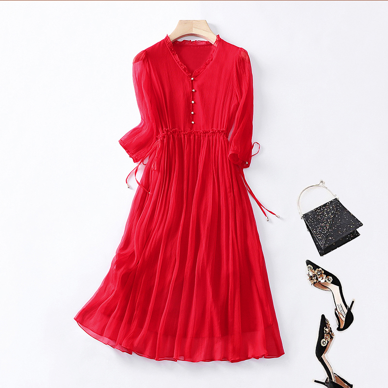 Red Ice Silk Dress for Women, 2026 Summer Fashion, Slim Fit, New Chiffon Beach Dress, Plus Size, Fairy-Like Long Dress