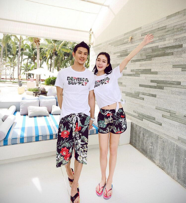 Bãi Biển dành cho người lớn Cặp Vợ Chồng Bãi Biển Mùa Hè Quần Short T-Shirt Cotton Nhanh Chóng làm khô In Kỳ Nghỉ Bãi Biển Short Sleeve Shorts Set quần short đi biển nữ