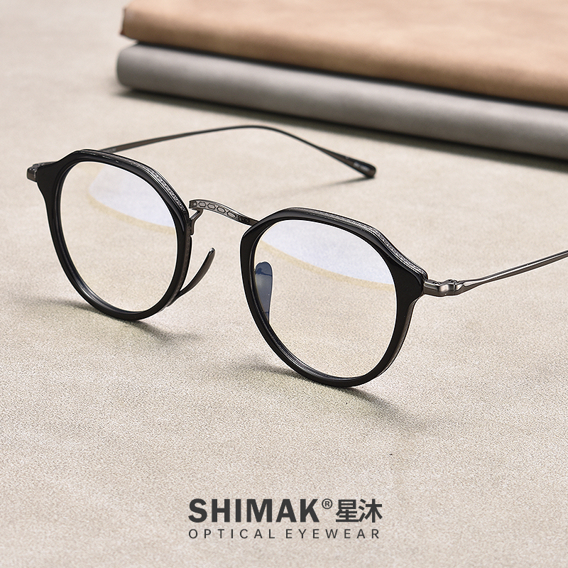 Japanese-Style Ultra-Light Retro Polygonal Frame Pure Titanium Black Eyeglass Frame for Men and Women with Large Faces, Designer Integrated Nose Pads