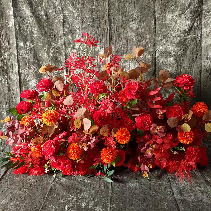 New wedding place flower art hotel red flower art wedding scene layout stage background stage stage wedding silk flower