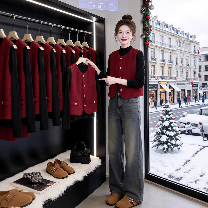 New Year's Festive Red Elegant Chanel-Style Vest for Women, 2026 Spring New Style, Layered Wear, Zodiac Year Vest Top