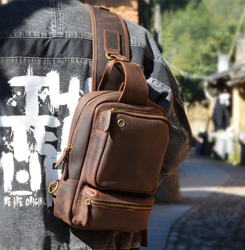 Original Retro Cowhide Diagonal Bag Crazy Horse Leather Large Capacity Men's Chest Bag Casual Shoulder Bag Genuine Leather Men's Bag Backpack