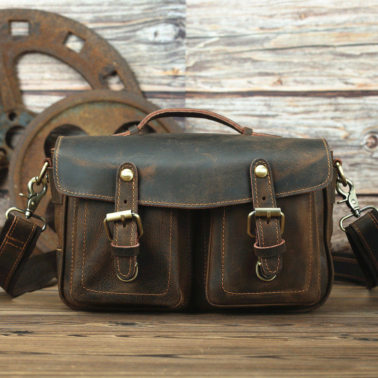 Crazy horse leather retro postman bag top layer cowhide handbag men's leather shoulder Messenger casual SLR camera bag trendy