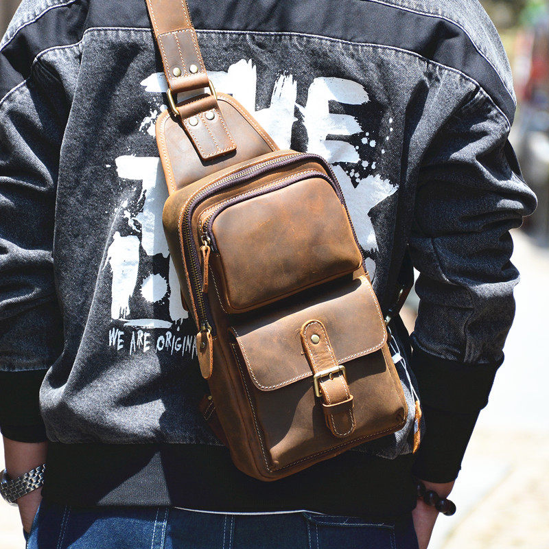 Original Crazy Horse Leather New Chest Bag Large-capacity One-shoulder Messenger Bag Personality Casual Leather Men's Bag Leather Backpack Tide