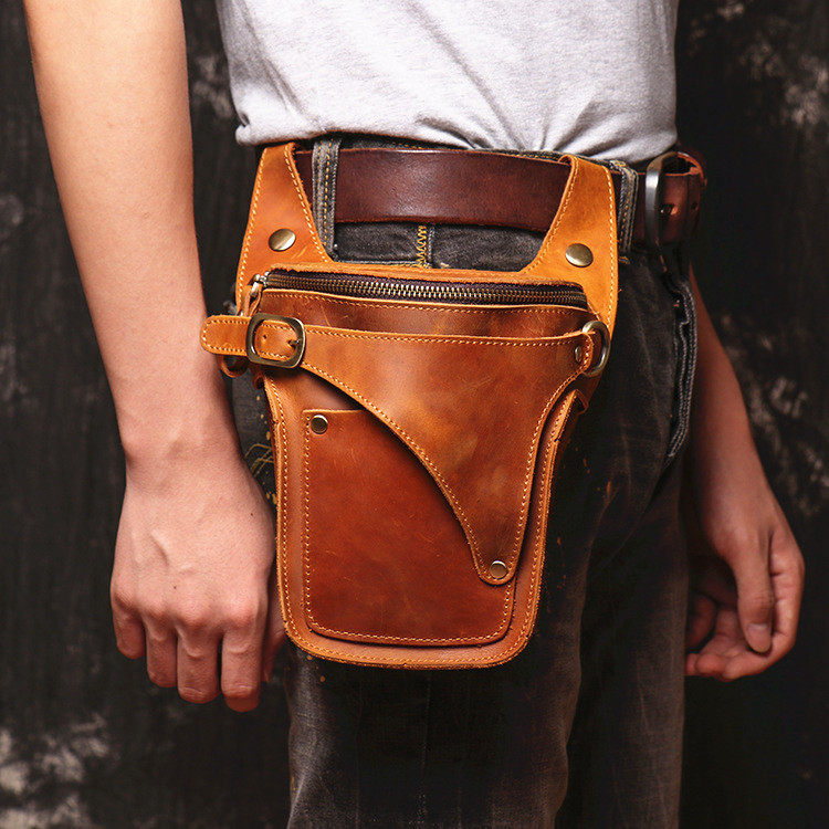 Crazy horse leather retro personality men's waist bag motorcycle bag large-capacity mobile phone bag wearing belt close-fitting sports leather bag