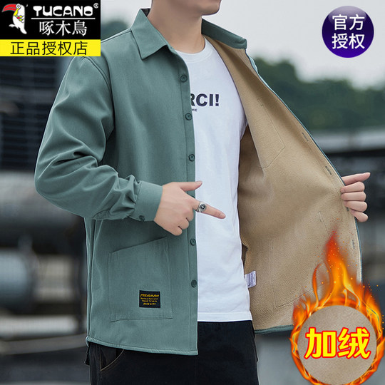 Marca Woodpecker camisa cálida de invierno para hombre, camisa de manga larga gruesa de terciopelo, top 100% de algodón a la moda para hombre