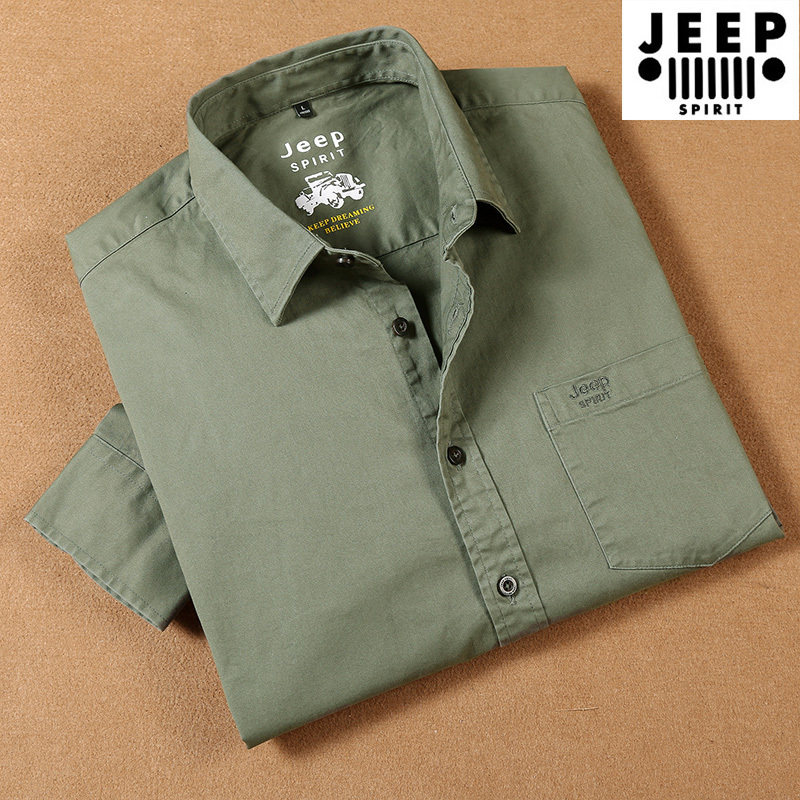 Jeep All-Season Solid Color Shirt Men's Long-Sleeved Workwear Loose Formal Shirt Short-Sleeved Army Green Large Size Spring and Autumn