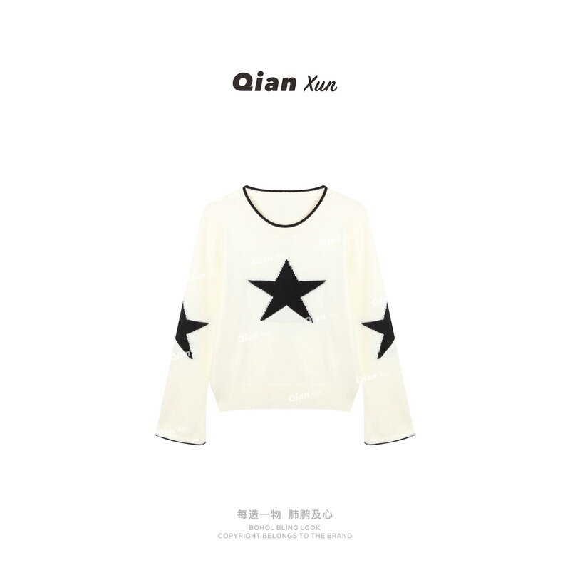 【Qianxun Selected】Korean-Style Simple Round-Neck Sweater with Unique Design and Five-Pointed Star Pattern Pre-Qxq6My8797