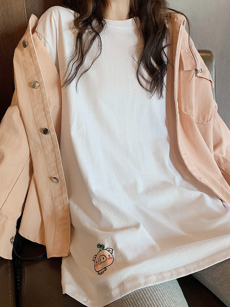 2022 Fall new long sleeve T-shirt Women's loose medium long version of pure cotton embroidered undershirt Korean version of the hitch