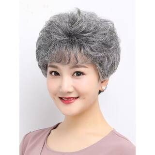 Middle-Aged and Elderly Women's Gray-White Wig, Fluffy White Elderly Full Wig, White Old Lady Stage Wig Set for Women