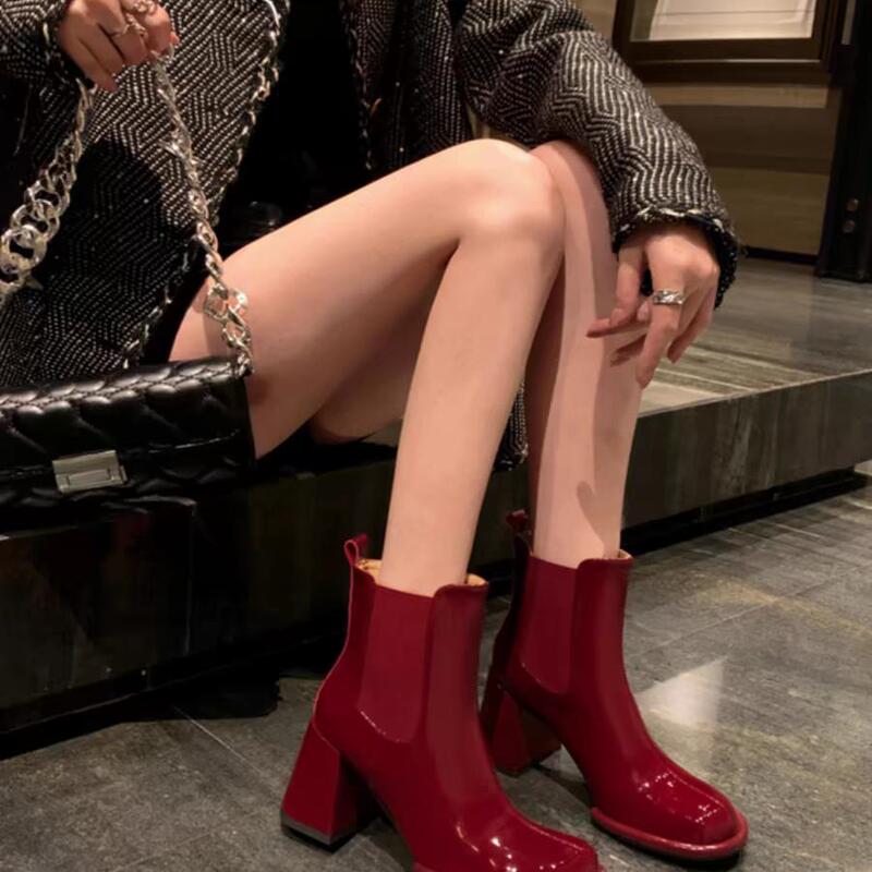 Burgundy Round-Toe Chunky Heel Martin Boots for Women 2025 Autumn and Winter New Versatile Patent Leather Short Boots High-Heeled Fashion Slim Boots