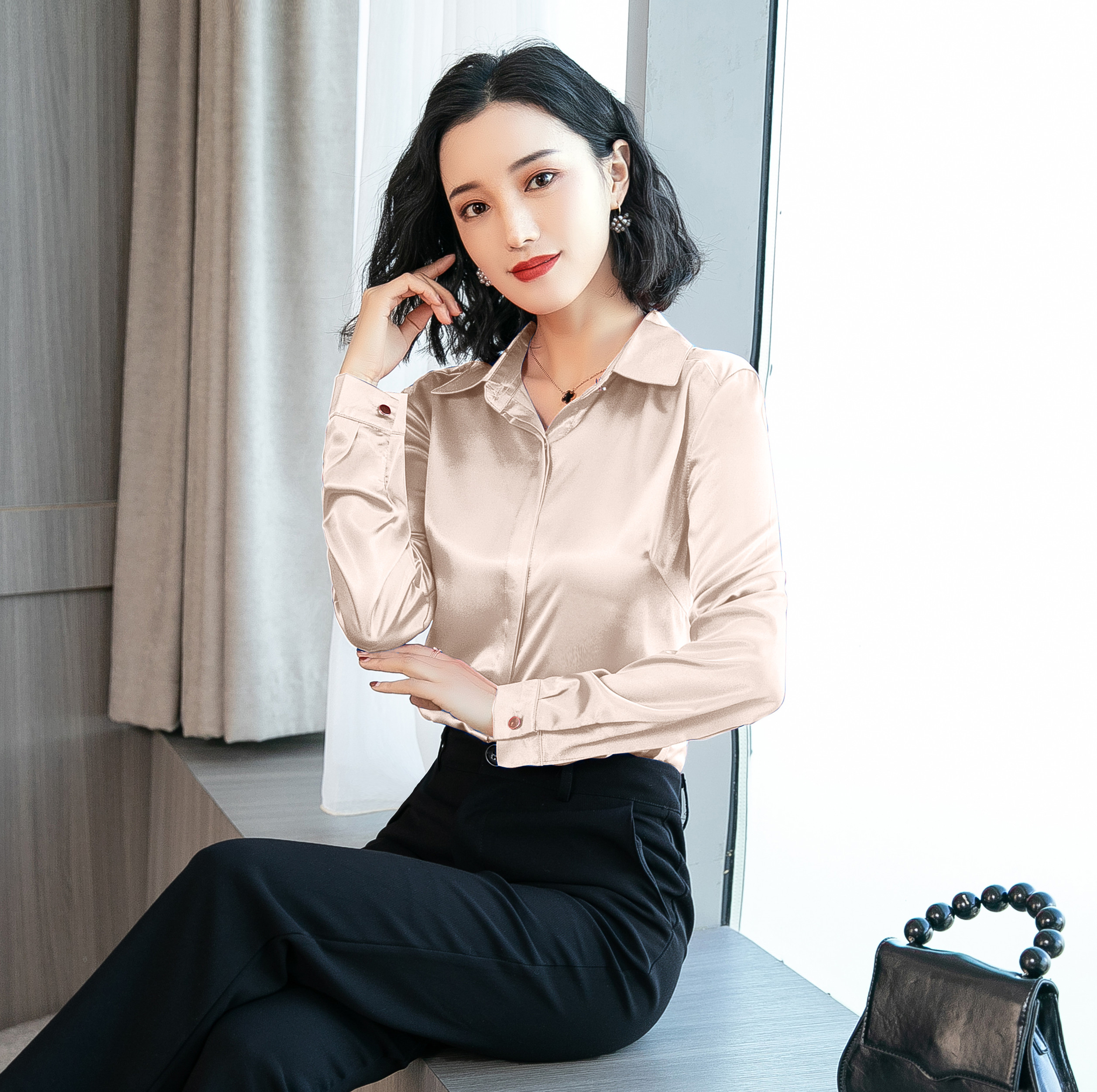 VK旗艦店 韓國風復古氣質淑女彈力緞面襯衫長袖上衣