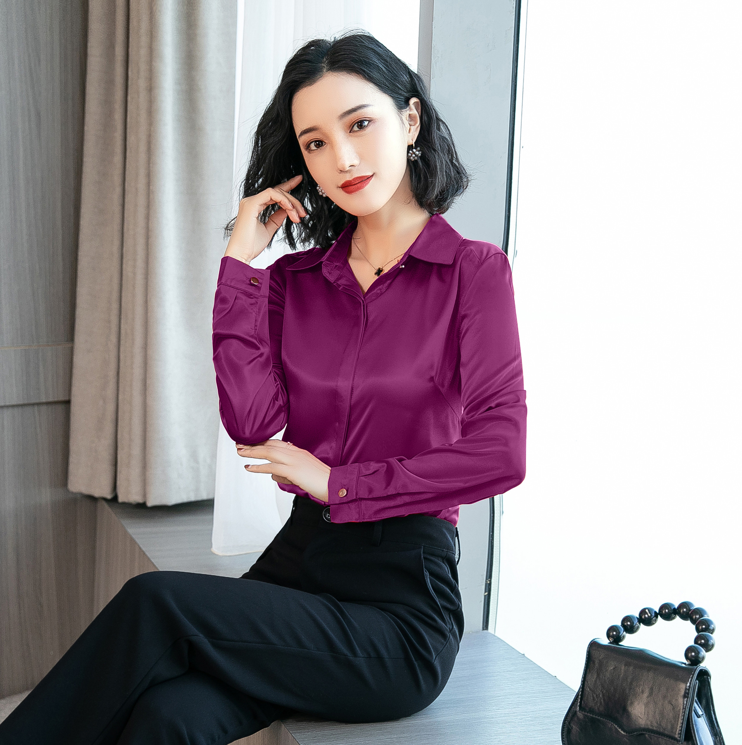 VK旗艦店 韓國風復古氣質淑女彈力緞面襯衫長袖上衣
