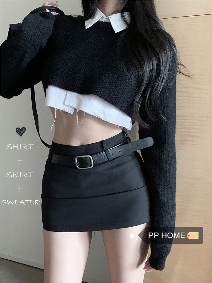 PPHOME辣牌女神~辣妹针织衫女长袖毛衣打底衬衫上衣+超短裤裙套装