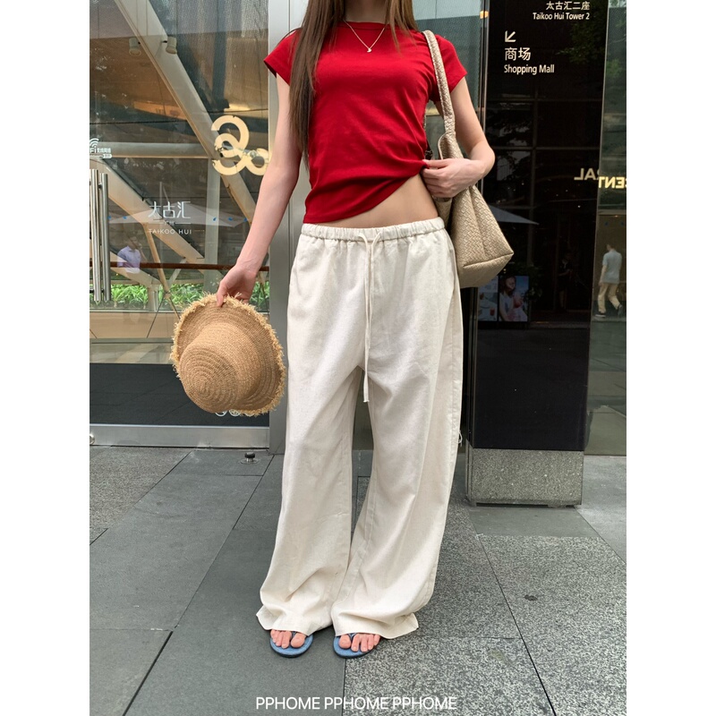 Pphome Homemade~Breathable Linen Pants, Lazy and Relaxed Drawstring Women's Summer Thin Style Slimming Casual Wide-Leg Pants Pphome Homemade~Breathable Linen Pants, Lazy and Relaxed Drawstring Women's Summer Thin Style Slimming Casual Wide-Leg Pants