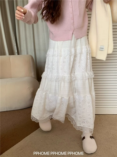 Pphome Homeed ~ Ранняя весенняя сказочная юбка белая кружевная юбка нежная тяжелая промышленность кружевное торт Длинная юбка