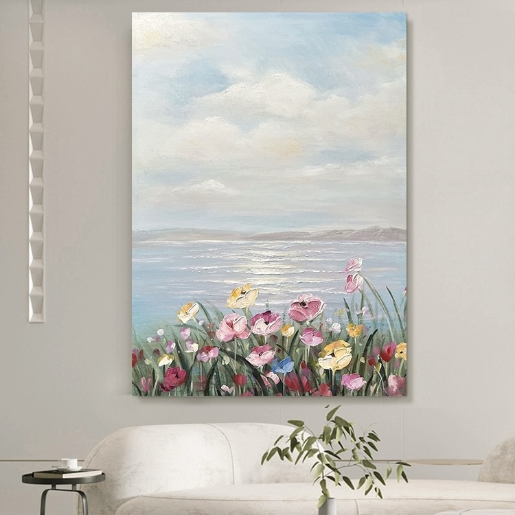 Fan-style Silent Wind Hand-painted Oil Painting Sea Flourless Bedroom Bedside Hanging Painting Light Lavish Living Room Extremely Minimalist Landscape Decoration Painting-Taobao