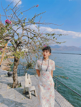 Yellow Pussy Classmates Original Homemade Peach Music Silk Fairyland Dream Gold Silk Fabric Pearl Country Wind Long Qipao Qiao Xia