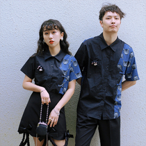 Chicks Pussy Original Pets League Kitty Printed Splicing Tray Buttoned Retro Couple Shirts Send Cat Paw Brooch