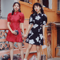 Chicks chick Original Fat Fat Girl Chinese Wind Improvement Girl Slowing Body Slim Solid Flowers Short Qipao Woman