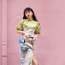 Yellow Pussy Original Longsheng Old Dream National Tide Flag Robes Summer Sweet Cool Fan Improved Girl Splicing Dragon Print