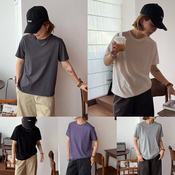 Iamstudio super slim machine washable basic right shoulder snowflake cotton solid color round neck t-shirt 3292