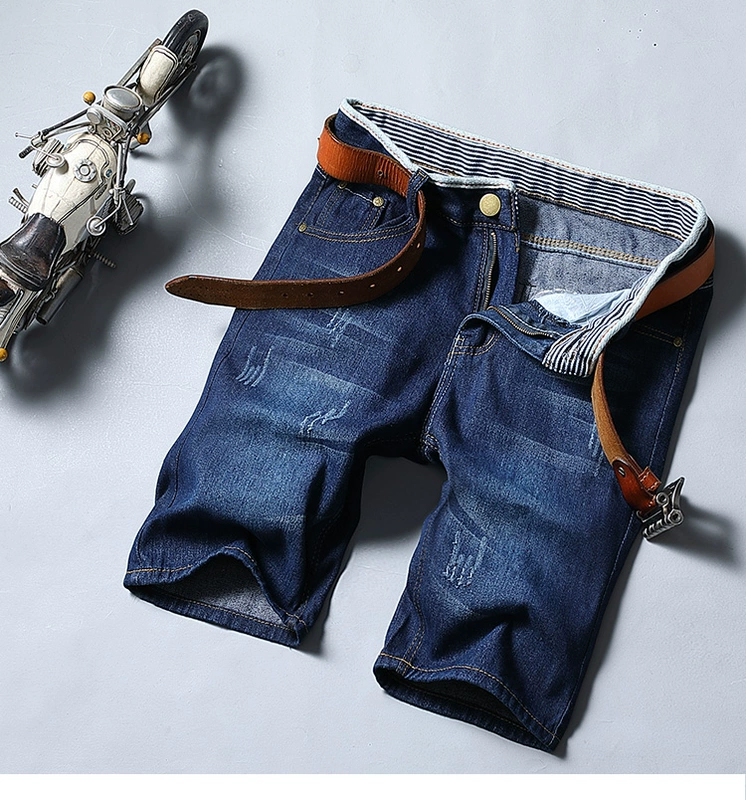 Quần short nam denim mùa hè Slim Straight Thời trang Hàn Quốc quần 5 điểm nam mỏng quần thường - Quần jean