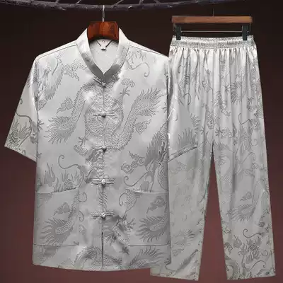 Mulberry silk Tang suit male middle-aged and elderly short-sleeved summer thin Chinese style father silk suit Grandpa clothes