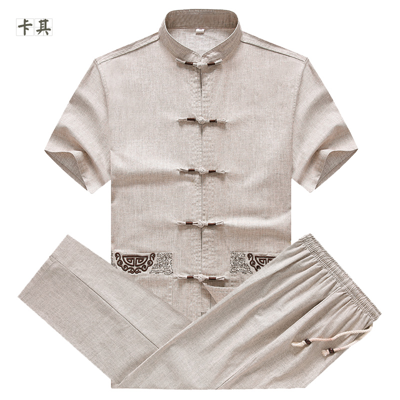 Bông vải Trung Quốc lanh phù hợp với gió trung niên cha già mùa hè Tang váy nam ngắn tay Zen ăn mặc quần áo đàn ông Trung Quốc