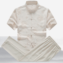 Middle-aged and elderly summer linen father suit Tang suit mens short sleeve cotton linen suit old man Chinese grandfather summer suit
