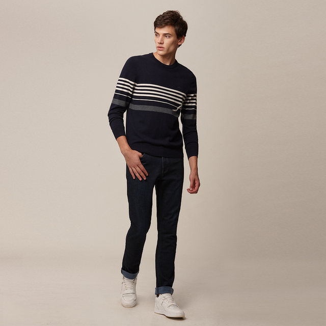 German Shark Stripe Contrast Color Cardigan Sweater for Young and Middle-aged Men Fashionable Round Neck Casual Men's Knitted Sweater LR13210