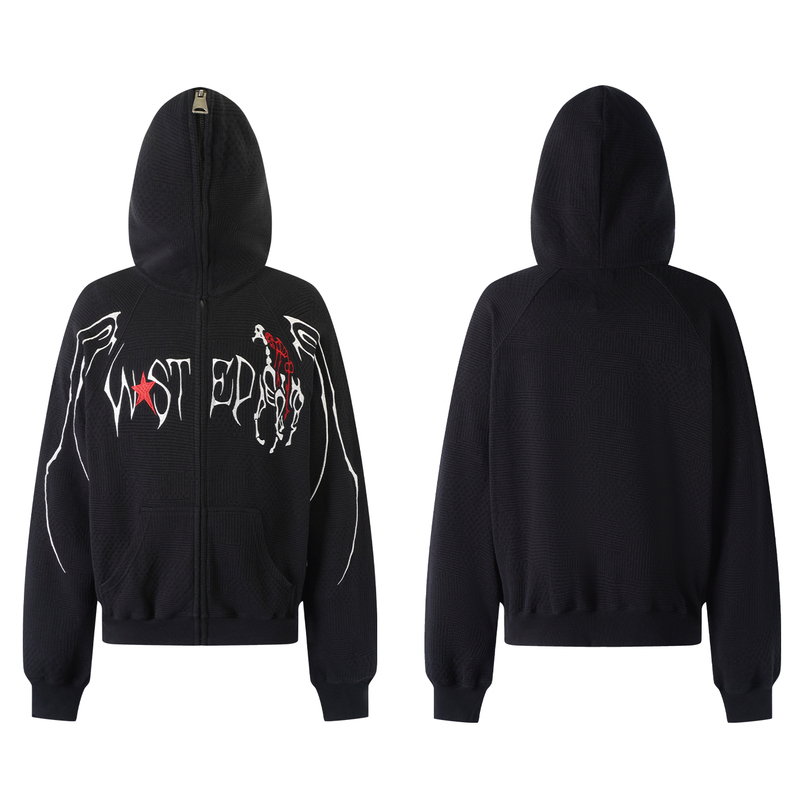 Brother Wasted Club's American-Style Skull and War Horse Embroidered Hooded Sweatshirt, the God of Henan Rap