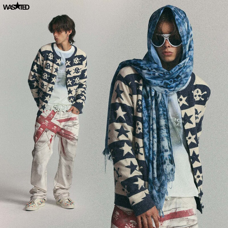 Wasted Vintage Punk Skull Pentagram Jacquard Striped Drop-Shoulder Short Cardigan Sweater Wasted Vintage Punk Skull Pentagram Jacquard Striped Drop-Shoulder Short Cardigan Sweater