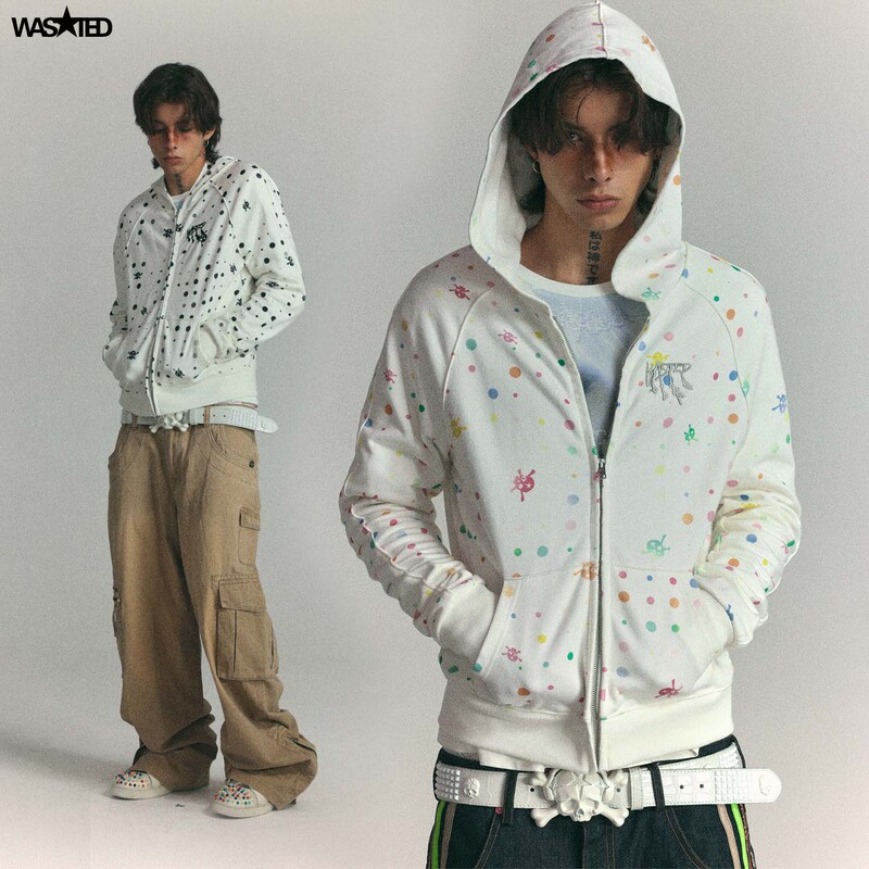 Wasted American Street Style Skull Polka Dot All-Over Print Short Wide Raglan Hooded Sweatshirt Cardigan Two-Tone