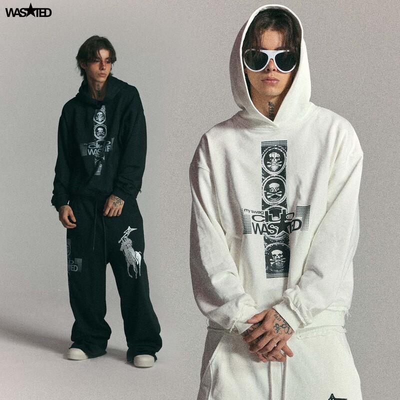 Wasted Vintage Street-Style Skull Cross Print Ribbed Patchwork Drop-Shoulder Hooded Sweatshirt