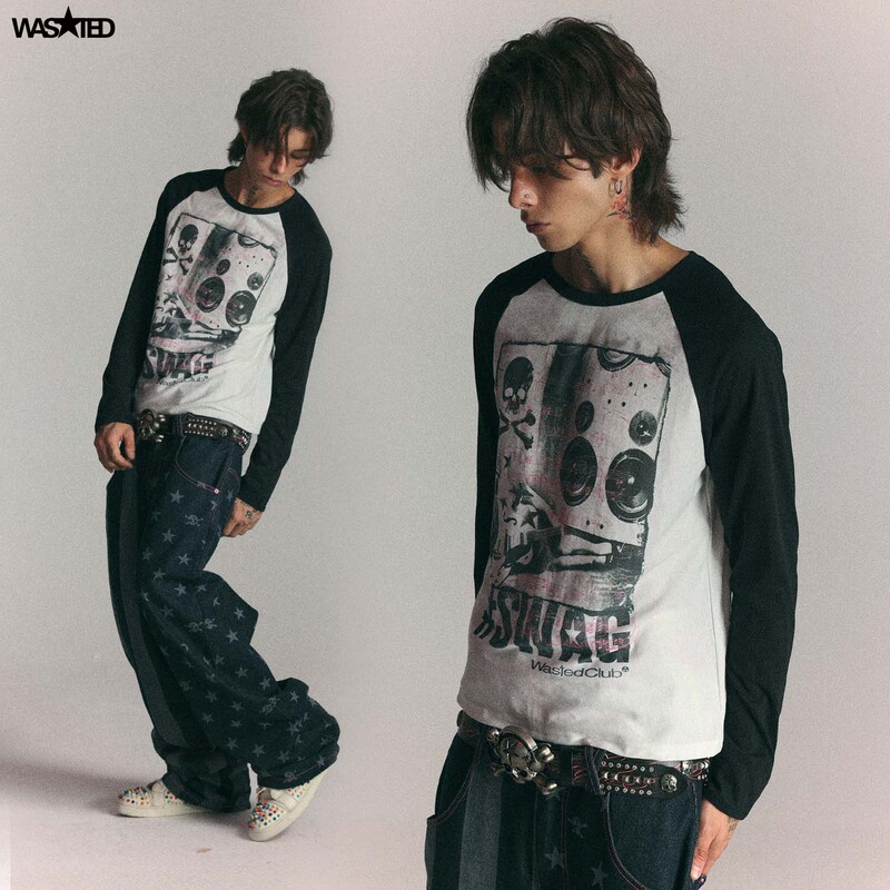 Wasted American Street Style Retro Audio Letter Skull Print Raglan Patchwork Long-Sleeve T-Shirt