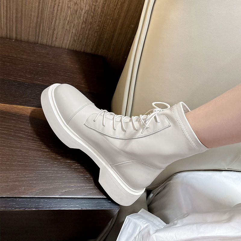 Cat Master Homemade Martin Boots Women's White British Style Retro Flat Leather Lace Up All-Match Short Tube Thick-soled Women's Short Boots