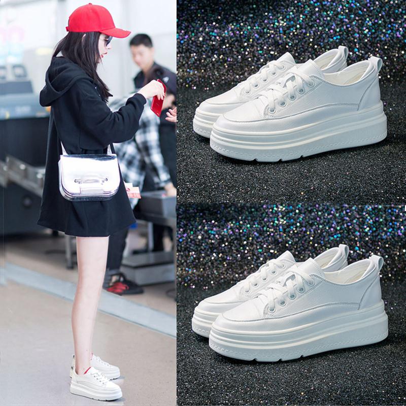 Tide Card Stars Same Small White Shoes Women's Thick Bottom Inner Heightening Genuine Leather Shoes New 100 Hitch Korean Version Pine Pastry Casual Bag Shoes