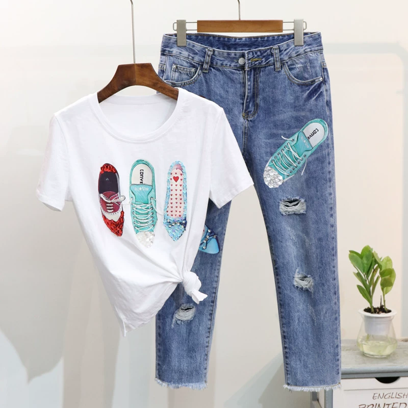 Châu âu trạm 2018 mùa xuân mới đính cườm sequins giày nhỏ ngắn tay T-Shirt + lỗ bảy điểm jeans phù hợp với nữ thủy triều áo kiểu voan