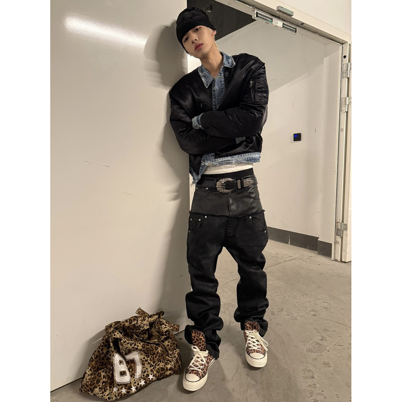 Double-Waist Pu Patchwork Distressed Vintage Skinny Jeans Unisex American Street Style Black Floor-Length Pants Trendy Double-Waist Pu Patchwork Distressed Vintage Skinny Jeans Unisex American Street Style Black Floor-Length Pants Trendy